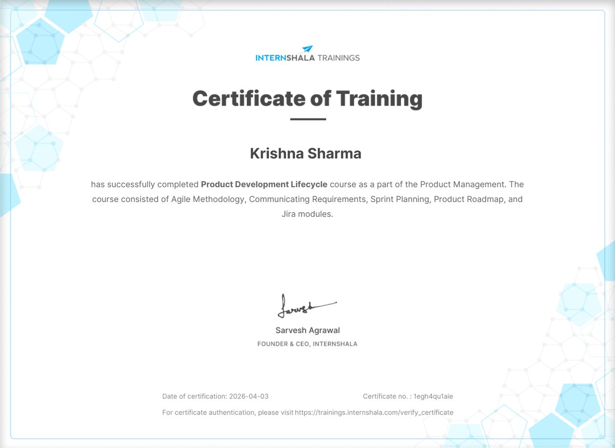 Internshala certificate of training: Product Development Lifecycle, awarded to Krishna Sharma, 3 April 2026